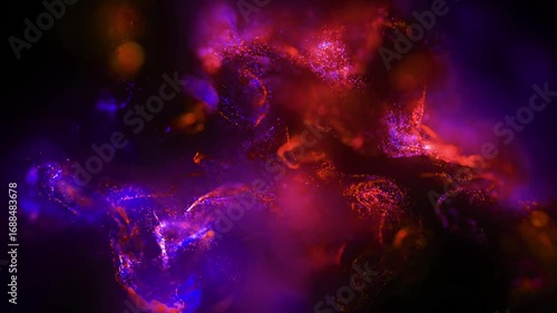Abstract particles neon background. Powder explosion fluid ink particles isolated on black. Paint drops mixing in water in slow motion. Colored cloud abstract smoke.