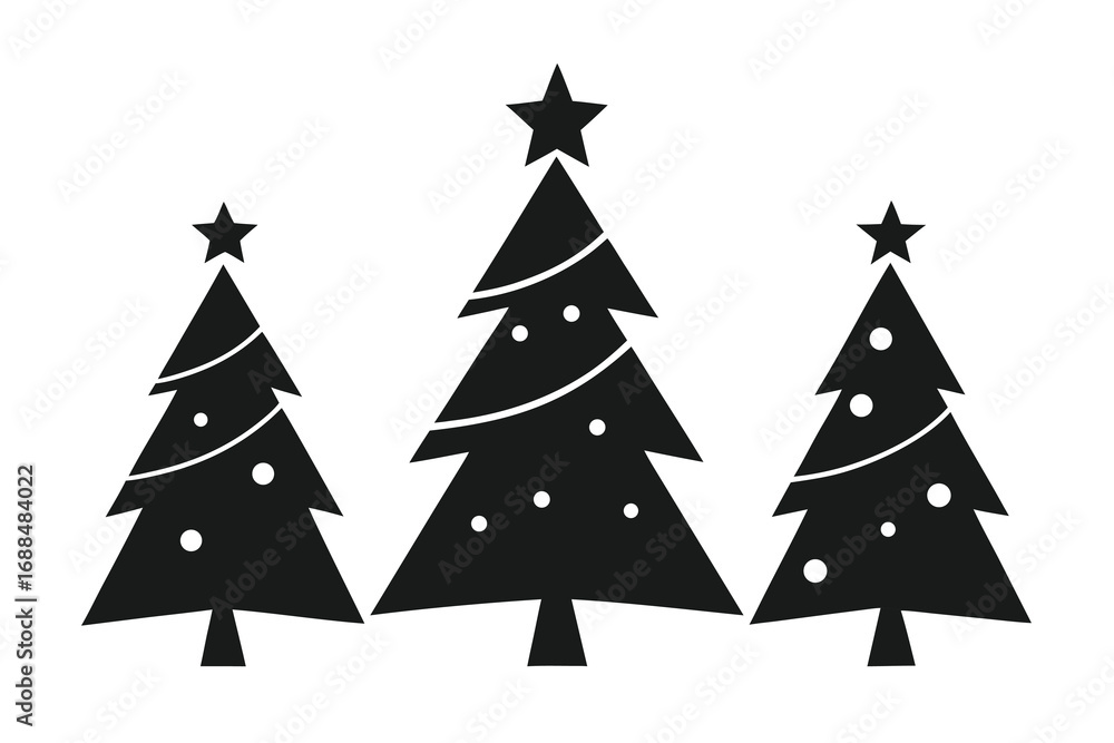 Obraz premium Three Simple Black Christmas Trees with Star Toppers and Ornament Decoration on White