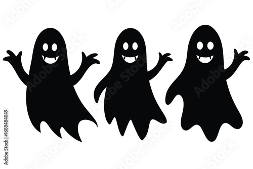 Three Smiling Cartoon Ghosts in Black and White, Halloween Spooky Holiday Themed