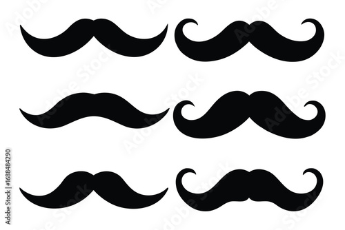 Variety of Black Silhouette Mustaches on a White Background, Six Different Styles
