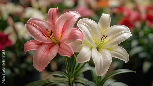 A close-up captures the delicate beauty of pink and white lilies in full bloom, showcasing elegance.