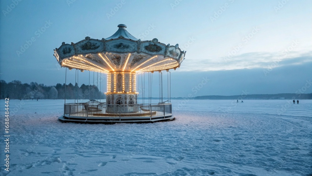 Obraz premium Enchanted Carousel on a Frozen Lake Magical Winter Scene with a Fairground Ride Surreal Fairytale in a Snowy Landscape Glowing Carousel Against a Twilight Sky