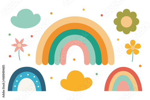Whimsical Rainbow Collection Clouds, Flowers, and Colorful Arches on White Background for Arts and Crafts