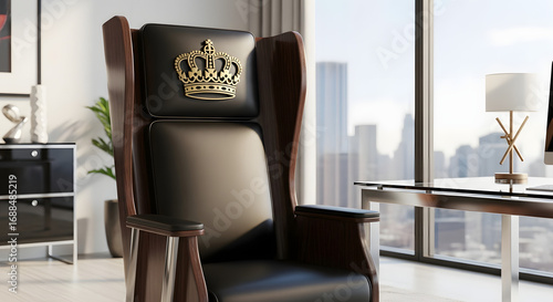 Royal Throne Chair in the Modern Office: A luxurious, regal throne chair in a modern office setting, with a city backdrop, is waiting to be occupied. Showcasing elegance, power and ambition.