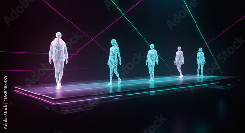 Digital fashion show with holographic models on a futuristic runway