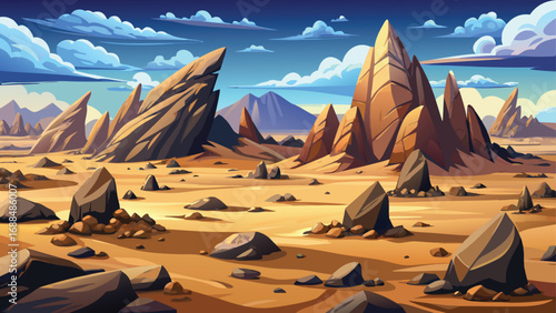 Golden sunset over the rock formations of a desert valley with a distant beach and clear sky