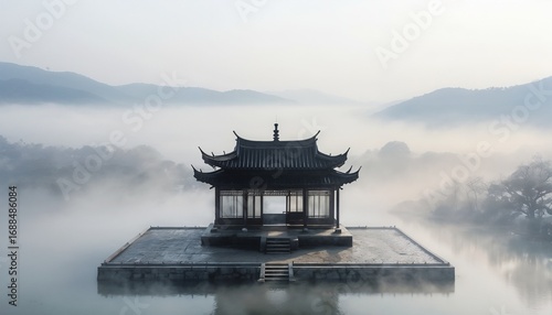 Tranquil Chinese Pavilion Over Calm Water Amidst Mist