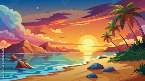 Tropical illustration of a sandy beach with a vibrant blue sky and palm trees swaying in the summer sun
