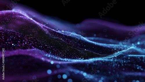 Abstract wavy digital landscape of shimmering particles in violet and teal