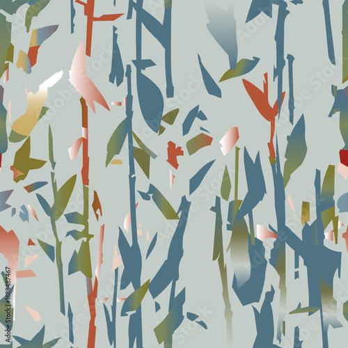 Seamless abstract bamboo pattern with stylized stalks and leaves in muted green, blue, and earthy tones. Modern botanical design for textiles, wallpapers, and decor.