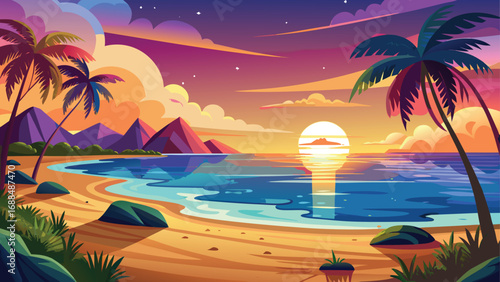 Tropical island paradise with palm trees on a sandy beach at sunset, with the sun setting over the ocean waves