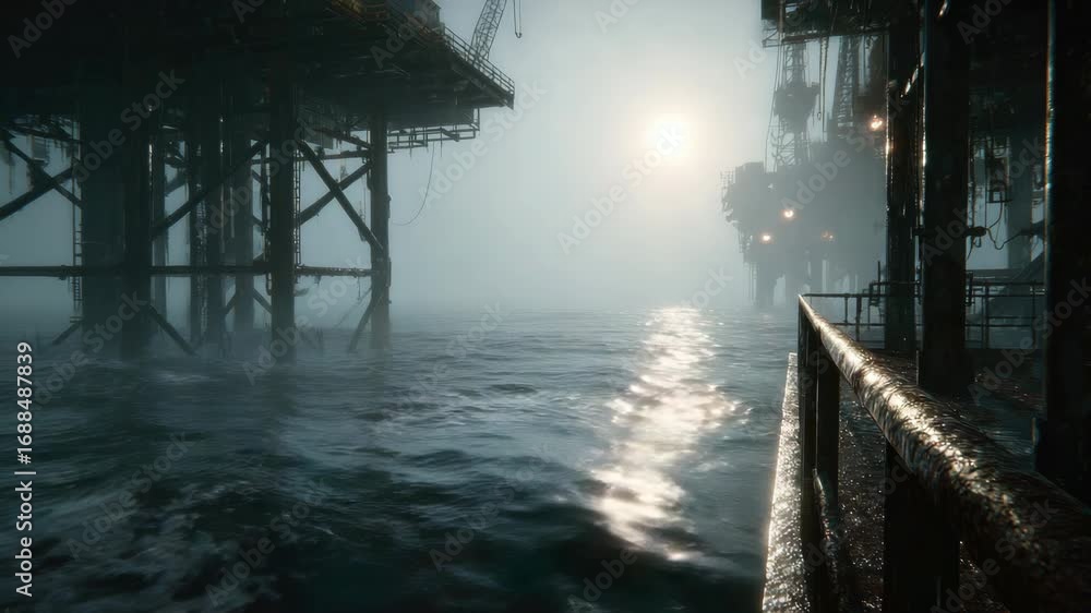 custom made wallpaper toronto digitalMystical Seascape with Oil Rig in Fog at Sunrise, Water Reflections and Atmospheric Light Creating a Dreamy and Eerie Landscape