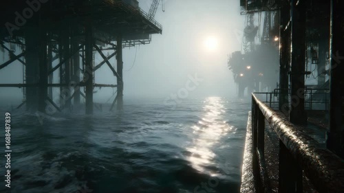 Wallpaper Mural Mystical Seascape with Oil Rig in Fog at Sunrise, Water Reflections and Atmospheric Light Creating a Dreamy and Eerie Landscape Torontodigital.ca