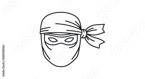 Minimalist line art illustration of a masked ninja head with a tied bandana.