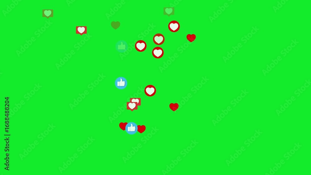 Social media emojis of hearts and likes animation flying moving upwards on green screen.