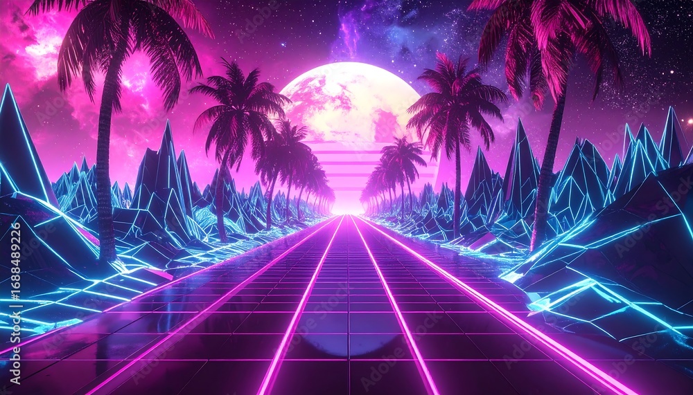 Fototapeta premium Retro Synthwave Neon Landscape with Palm Trees and Moon.