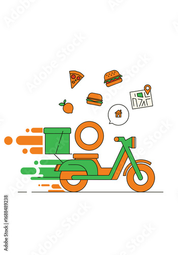 A modern vector illustration captures a swift food delivery service, depicting a scooter rapidly transporting diverse meals for convenient urban ordering.