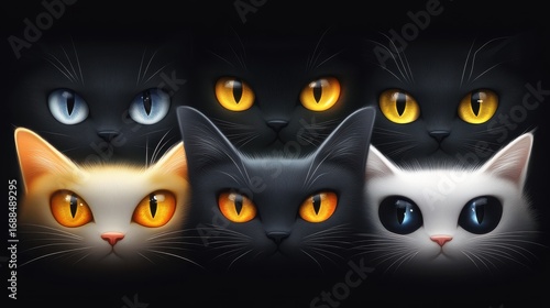 Colorful Close-Up Portraits of Different Cat Breeds Showcasing Beautiful Eyes and Unique Fur Patterns