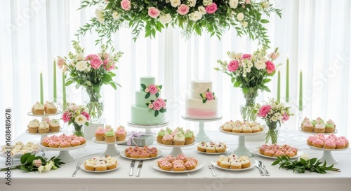 Elegant Wedding Dessert Table Display with Sweet Treats and Floral Arrangements
