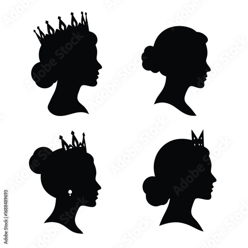 Four Black Silhouette Profiles of Women with Crowns 1