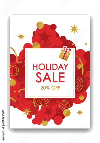 A festive holiday sale promotion banner, designed with vibrant red and gold abstract elements, clearly announcing a 20% off discount for seasonal shopping.