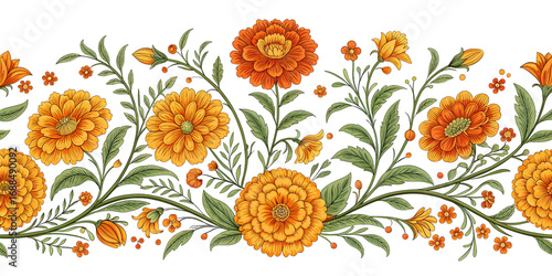 Seamless Hand Drawn Orange and Yellow Marigold Garland Floral Pattern on Black Background isolated on a transparent background
