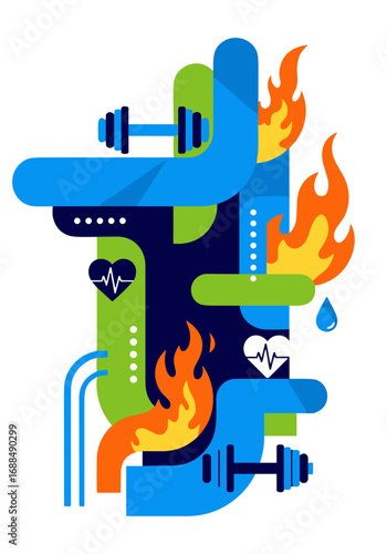 An energetic and stylized graphic design visualizes the core elements of a healthy lifestyle, including strength training and cardiovascular activity.