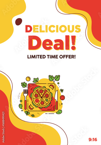 A vibrant vector illustration promotes an exciting delicious pizza deal, perfect for limited-time restaurant offers and online food delivery advertisements.