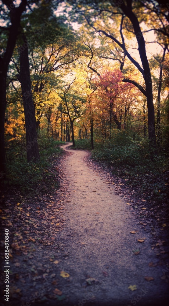 Naklejka premium Winding path through vibrant autumnal woods, trees dressed in gold, orange, and red under a warm sky. A journey through nature