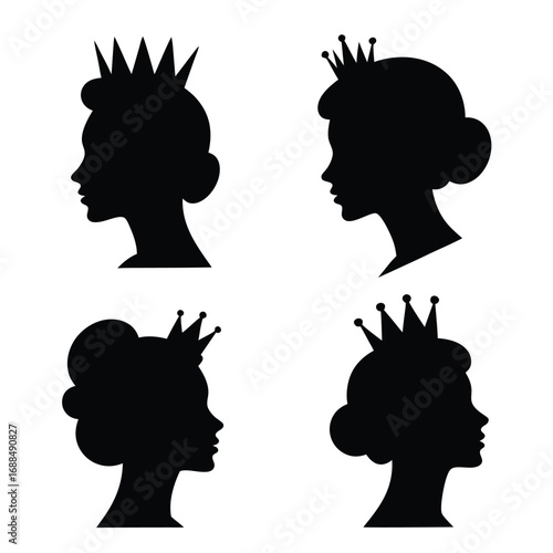 Four Black Silhouettes of Princess Heads with Crowns