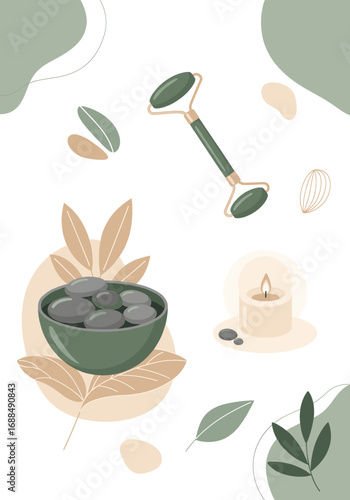 This calming illustration features a jade roller, smooth spa stones, and a flickering candle, embodying a serene self-care and wellness experience.