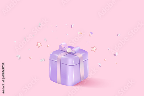 Holographic 3d gift box decoration. Holiday decoration presents. Festive gift surprise. Decor Isolated box. Vector illustration