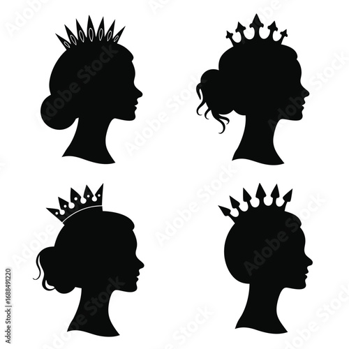 Four Black Silhouettes of Women Heads with Crowns woman