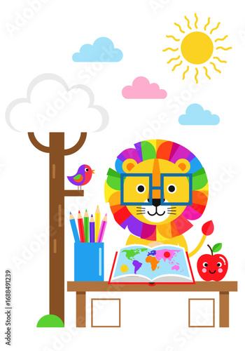 A vibrant, intelligent lion character wearing glasses diligently studies a world map, surrounded by school supplies and nature in a cheerful educational scene.