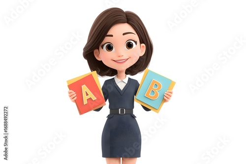 A smiling female teacher holding flashcards with alphabet letters, colorful and playful, 3d animation, isolated on a white background