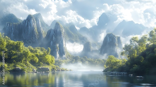 A serene landscape featuring a calm river mountains and lush green vegetation under a cloudy sky view