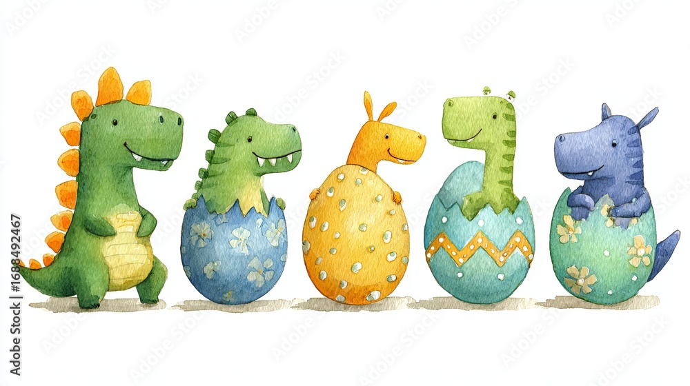 Fototapeta premium A colorful illustration of cartoon dinosaurs hatching from decorated eggs, showcasing whimsical and playful designs.