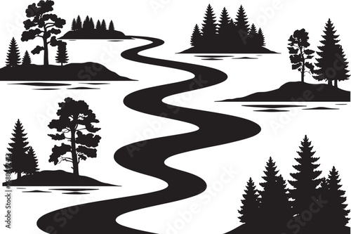 Black Silhouette River and Forest Landscape
