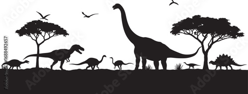 Dinosaur landscape silhouette with trees, flying birds, prehistoric animals walking, black vector illustration for kids, nature scene, clipart bundle