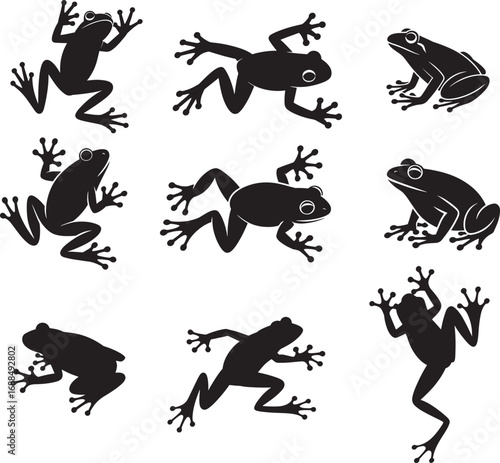 frog silhouette vector logo icon illustration design, frog logo icon silhouette, black silhouette of a frog, tree frog silhouette vector isolated on white background