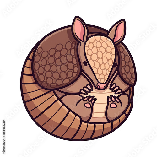 Cartoon Armadillo Rolled Up in a Ball on Black Background Cute Wildlife Illustration