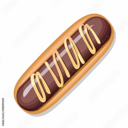Cartoon Style Delicious Chocolate Eclair Pastry Topped with Cream Illustration