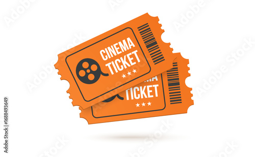 Couple of 3d orange cinema tickets with film reel icon and barcode, representing movie admission, entertainment, and theater entry. Cinema ticket icon in 3d vector illustration. Vector illustration
