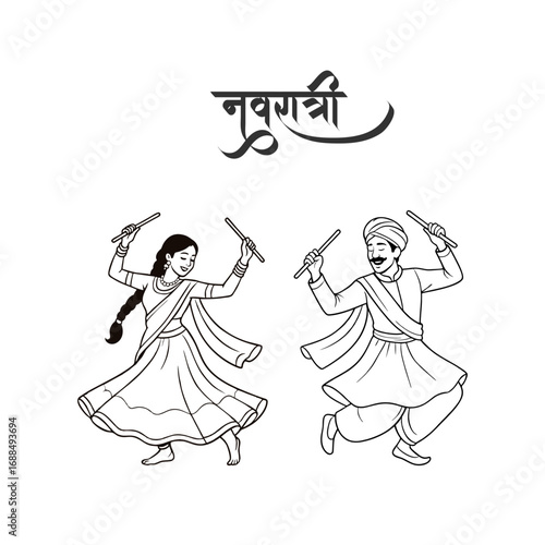 Couple doing Gujarati Garba Dance Illustration Drawing Vector with Navratri written in Hindi Calligraphy font