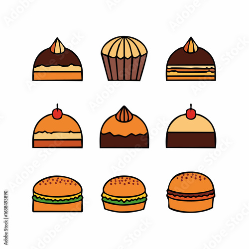 Flat Style Diverse Dessert and Burger Arrangement Delicious Food Icons