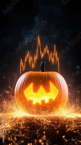 A glowing Halloween pumpkin with a creative bat design and sparkles, set against a dark background, symbolizing festive celebrations and creativity.
