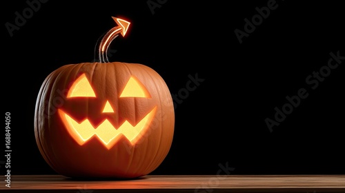 A spooky yet playful Halloween pumpkin with a carved face, glowing warmly against a dark background, perfect for autumn celebrations and festive decor.