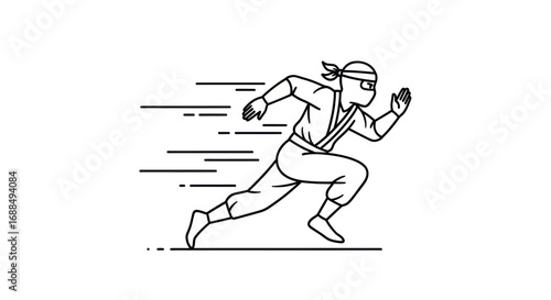 A dynamic black and white line art illustration of a ninja running at high speed.