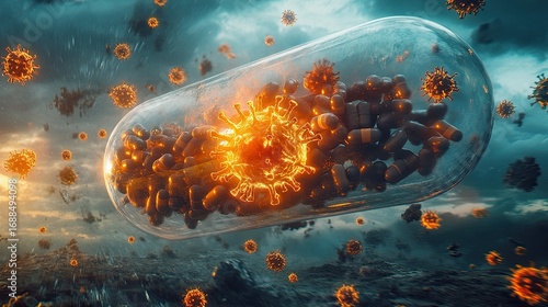 A visually striking representation of a pill surrounded by animated viruses, symbolizing the intersection of medicine and infectious diseases.