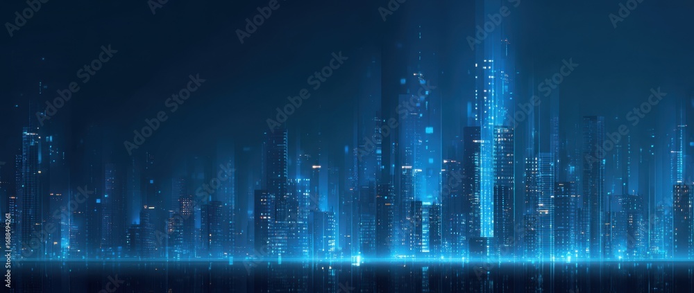 Fototapeta premium Futuristic city skyline at night, illuminated by vibrant blue light
